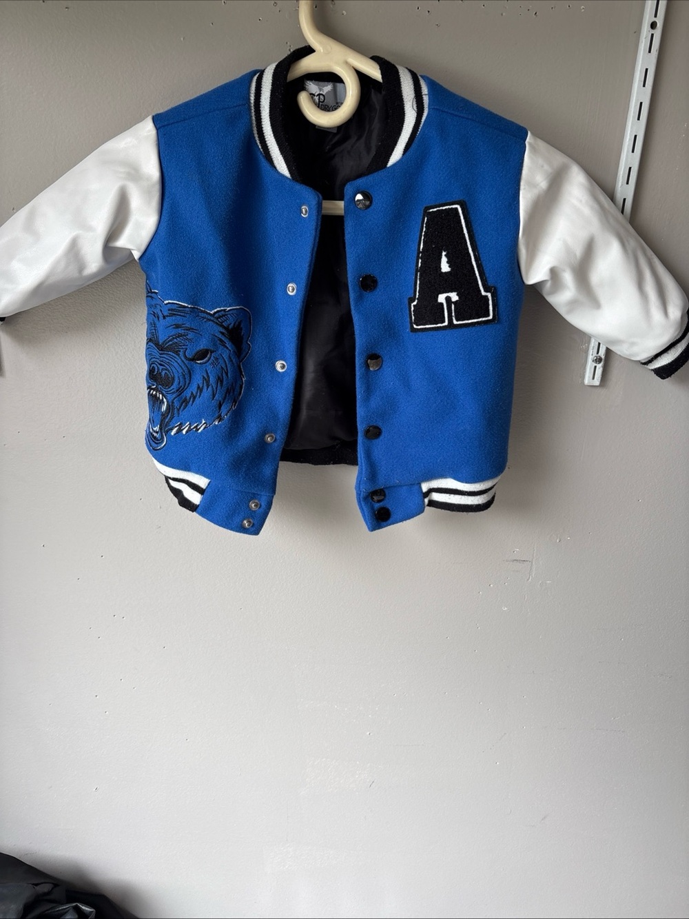 CP Dry Goods Blue and White Kids' Letterman Jacket with Bear Patch